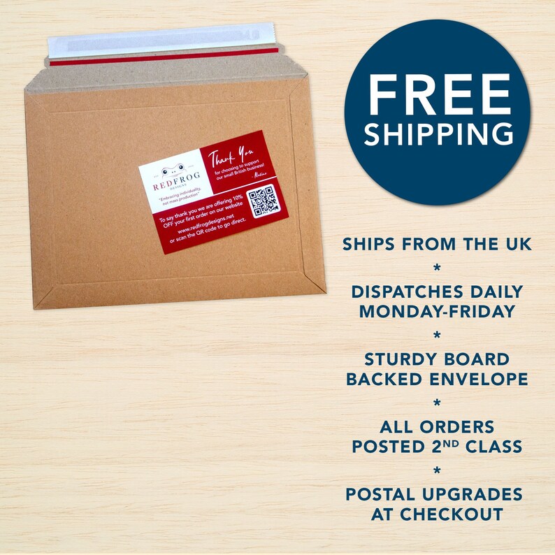 May include: A brown cardboard envelope with a red and white sticker that says "Thank You" and has a QR code. The envelope is on a woodgrain surface. The text "FREE SHIPPING" is in a blue circle. The text "SHIPS FROM THE UK", "DISPATCHES DAILY MONDAY-FRIDAY", "STURDY BOARD BACKED ENVELOPE", "ALL ORDERS POSTED 2ND CLASS", and "POSTAL UPGRADES AT CHECKOUT" are listed below the circle.