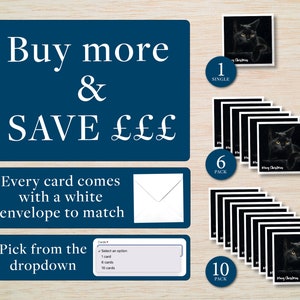 May include: Christmas cards with a black cat illustration, available as single cards, or packs of 6 or 10. Each card comes with a white envelope. The image includes text that says "Buy more & SAVE &pound;&pound;&pound;".