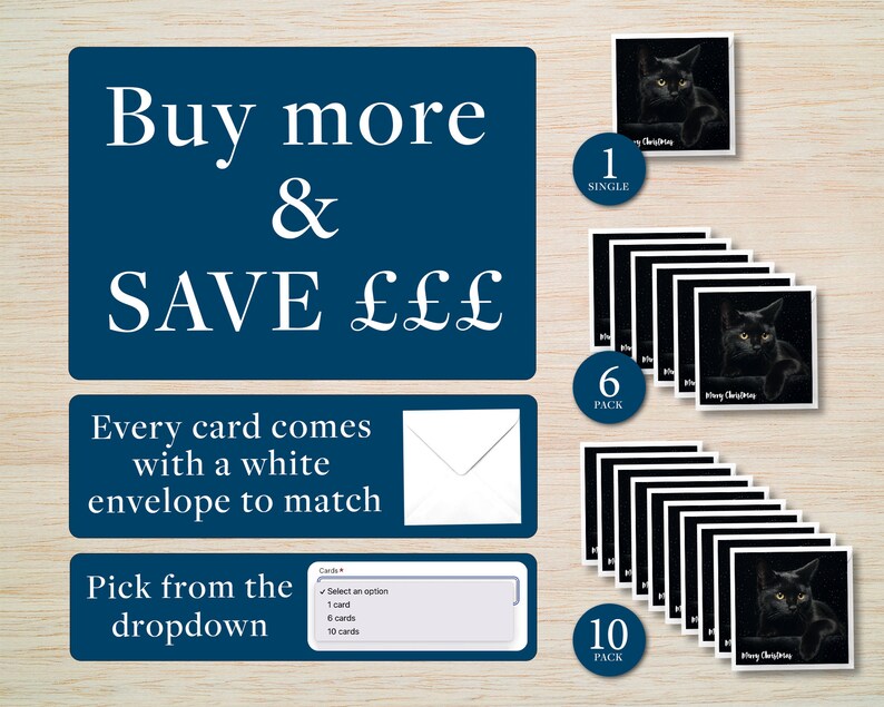 May include: Christmas cards with a black cat illustration, available as single cards, or packs of 6 or 10. Each card comes with a white envelope. The image includes text that says "Buy more & SAVE &pound;&pound;&pound;".