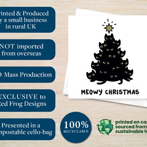 Pu&ograve; includere: Biglietto di auguri bianco con un design a forma di albero di Natale di gatti neri e la scritta "MEOWY CHRISTMAS". Il biglietto &egrave; presentato in un sacchetto di cellophane compostabile ed &egrave; stampato su cartoncino proveniente da foreste sostenibili.