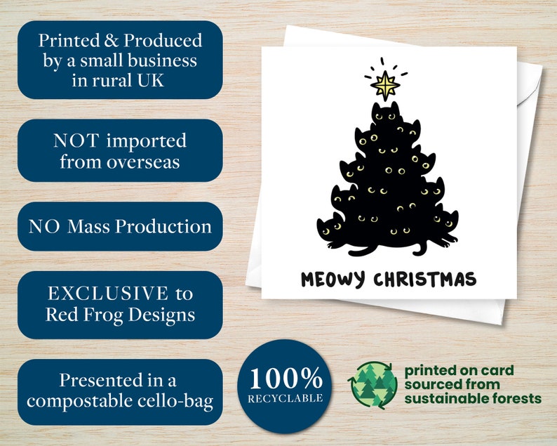 Pu&ograve; includere: Biglietto di auguri bianco con un design a forma di albero di Natale di gatti neri e la scritta "MEOWY CHRISTMAS". Il biglietto &egrave; presentato in un sacchetto di cellophane compostabile ed &egrave; stampato su cartoncino proveniente da foreste sostenibili.