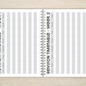 May include: A black and white printable revision timetable with the text "REVISION TIMETABLE - WEEK 1" and "REVISION TIMETABLE - WEEK 2" at the top of each page. The timetable is divided into seven columns for each day of the week and rows for time slots.