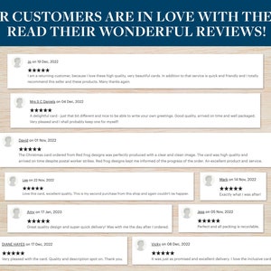May include: A collage of customer reviews for a business selling greeting cards. The reviews are positive and highlight the quality of the cards, the speed of delivery, and the overall customer service. The reviews are displayed on a woodgrain background.