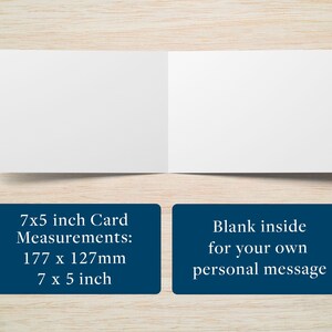 May include: A blank white card with a blue border. The card measures 7x5 inches or 177x127mm. The text on the card reads "7x5 inch Card Measurements: 177 x 127mm 7 x 5 inch". The inside of the card is blank for a personal message.