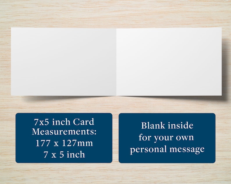 May include: A blank white card with a blue border. The card measures 7x5 inches or 177x127mm. The text on the card reads "7x5 inch Card Measurements: 177 x 127mm 7 x 5 inch". The inside of the card is blank for a personal message.