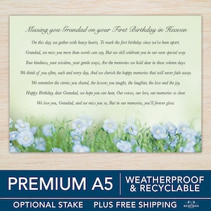 Grandad First Birthday Memorial Grave Card Grandad 1st Birthday in Heaven Memorial Card Graveside Tribute Grief Poem One Year in Heaven