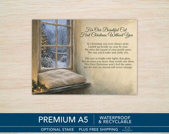 First Christmas Without Our Cat Memorial Card – Waterproof A5 Tribute with Optional Stake -  Cat Memory Garden Card