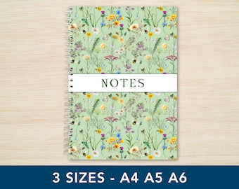 Wildflowers Handmade Spiral Notebook A4 A5 A6 Notepad Plain Lined paper Meadow Nature Soft cover Journal Green for College Work Hobbies UK