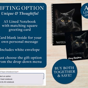 May include: A5 lined notebook and matching greeting card featuring a black cat with yellow eyes. The notebook has the word "NOTES" on the cover. The greeting card says "Merry Christmas". The image includes text that says "GIFTING OPTION" and "BUY BOTH TOGETHER & SAVE!"