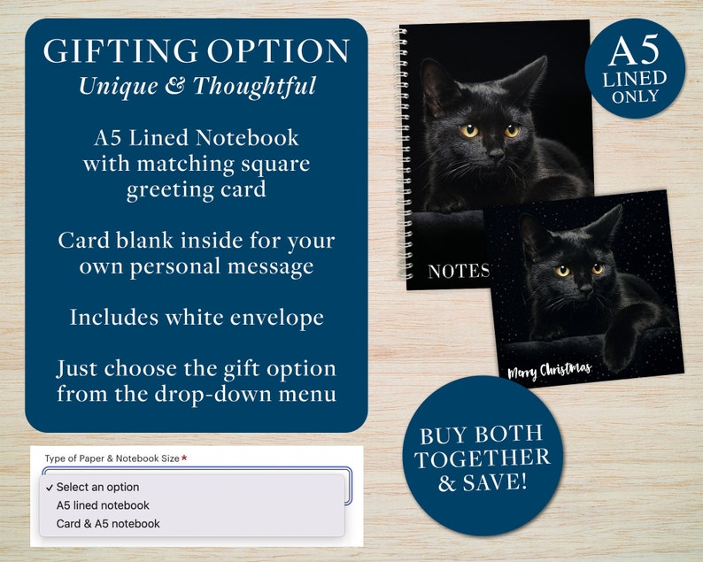 May include: A5 lined notebook and matching greeting card featuring a black cat with yellow eyes. The notebook has the word "NOTES" on the cover. The greeting card says "Merry Christmas". The image includes text that says "GIFTING OPTION" and "BUY BOTH TOGETHER & SAVE!"