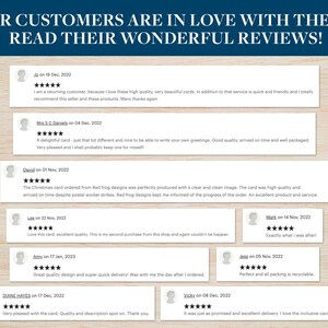 May include: A collage of customer reviews for a business selling greeting cards. The reviews are positive and highlight the quality of the cards, the speed of delivery, and the overall customer service. The reviews are displayed on a woodgrain background.