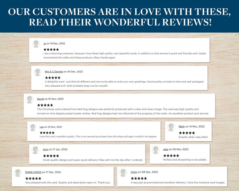 May include: A collage of customer reviews for a business selling greeting cards. The reviews are positive and highlight the quality of the cards, the speed of delivery, and the overall customer service. The reviews are displayed on a woodgrain background.