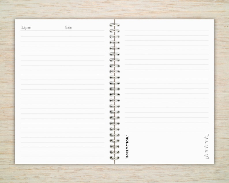 May include: A blank, lined notebook with a spiral binding. The notebook has the words "REFLECTION" printed on the spine and "*****" printed on the right page.