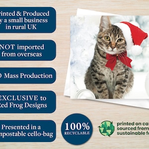 May include: A greeting card featuring a tabby cat wearing a Santa hat and a red bow. The card is printed on card sourced from sustainable forests and presented in a compostable cello-bag. The card is exclusive to Red Frog Designs.