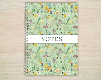 Wild Flowers Handmade Spiral Notebook A4 A5 A6 Plain or Lined paper | Meadow Nature Softback Journal Green for College Work Hobbies UK Made