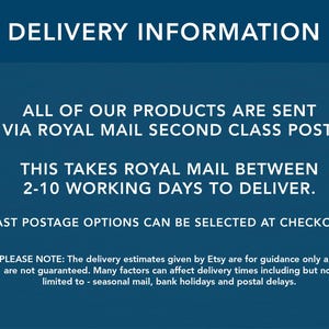 Pu&ograve; includere: Un grafico blu con testo bianco che fornisce informazioni sulla consegna. Indica che i prodotti vengono spediti tramite Royal Mail Second Class Post, con consegna in 2-10 giorni lavorativi. Sono disponibili opzioni di spedizione rapida al momento del pagamento.