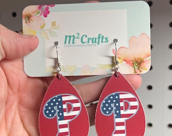 Philadelphia Phillies Teardrop Wood Earrings: Baseball Fan Jewelry