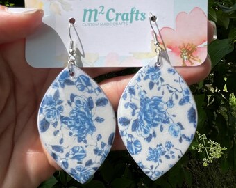 Floral Blue Pattern Earrings/Wood Pattern/Epoxy finished/Three Different Sizes
