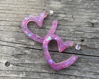 Handmade Glitter Resin Heart Earrings, Light Purple