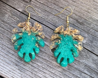 Green Glitter Leaf Resin Earrings: Gold Flake Dangle Earrings