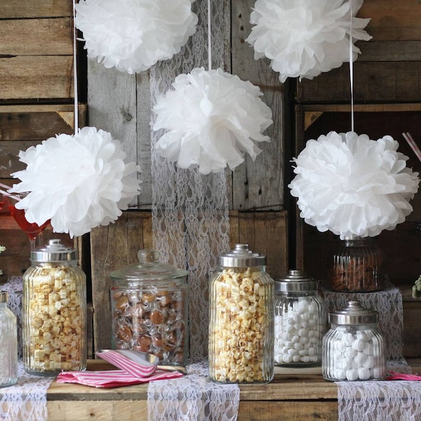 8 Stück 12 Zoll 6 Zoll Weiß Pompom Pom Pom Puff Seidenpapier Blumendekorationen Geburtstag Verlobung Hochzeit Party Liefert Tischbehang