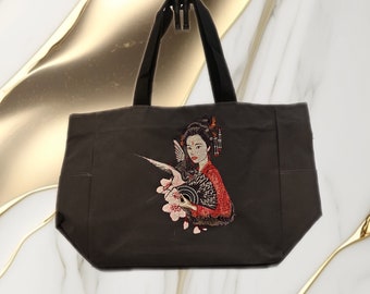Elegant Geisha Girl Embroidered Zippered Tote Bag