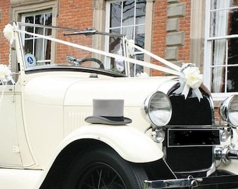 Kit de coche de boda de lujo en blanco, marfil, plata y oro, decoración impermeable, 5 lazos grandes y cinta de 10 m, otros colores disponibles