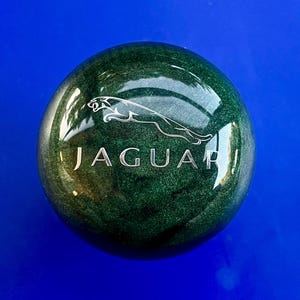 May include: A green and silver Jaguar logo on a round, glossy, dark green object. The word "JAGUAR" is below the logo in silver lettering. The object is set against a blue background.