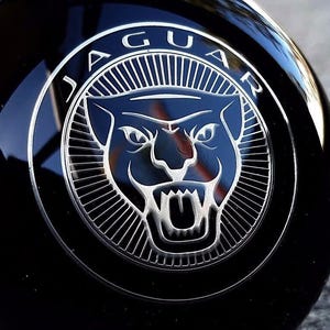 Puede incluir: Primer plano de una superficie negra brillante con el logotipo de Jaguar. El logotipo es un emblema plateado de la cabeza de un jaguar dentro de un marco circular, con la palabra "JAGUAR" arqueada arriba. El diseño es detallado y reflectante.