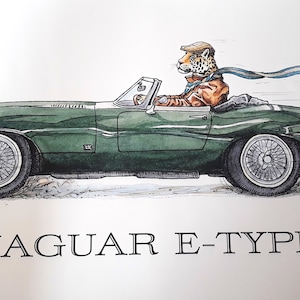 May include: Illustration of a green Jaguar E-Type convertible with a cheetah driving. The cheetah wears a cap, scarf, and jacket. The car has wire wheels and is emitting exhaust. The text "JAGUAR E-TYPE" is below the car.