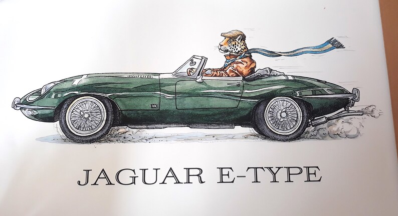 May include: Illustration of a green Jaguar E-Type convertible with a cheetah driving. The cheetah wears a cap, scarf, and jacket. The car has wire wheels and is emitting exhaust. The text "JAGUAR E-TYPE" is below the car.