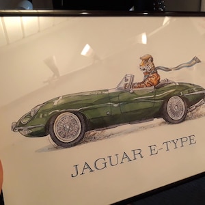 May include: Framed print featuring a green Jaguar E-Type convertible. The illustration shows a tiger wearing a cap and scarf driving the car. The text "JAGUAR E-TYPE" is printed below the car.