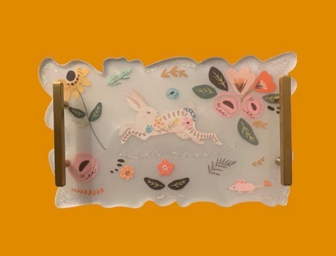 Rabbit Tray, Whimsical Tray, Folk Art Tray, Resin Tray, Pastel Tray