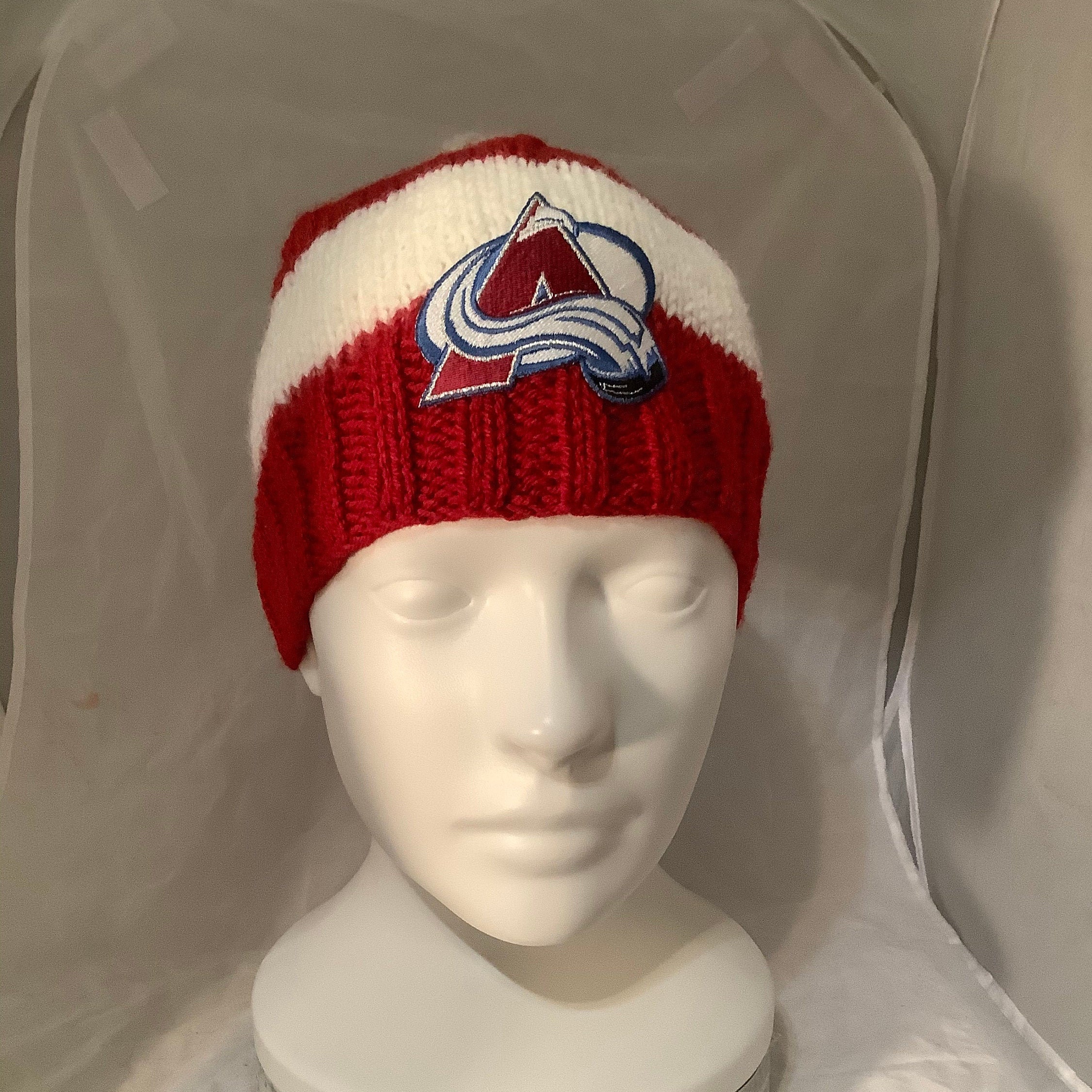 Hand Knit Colorado Avalanche Beanie 
