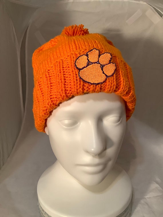 Hand Knit Orange Clemson Tigers Hat 