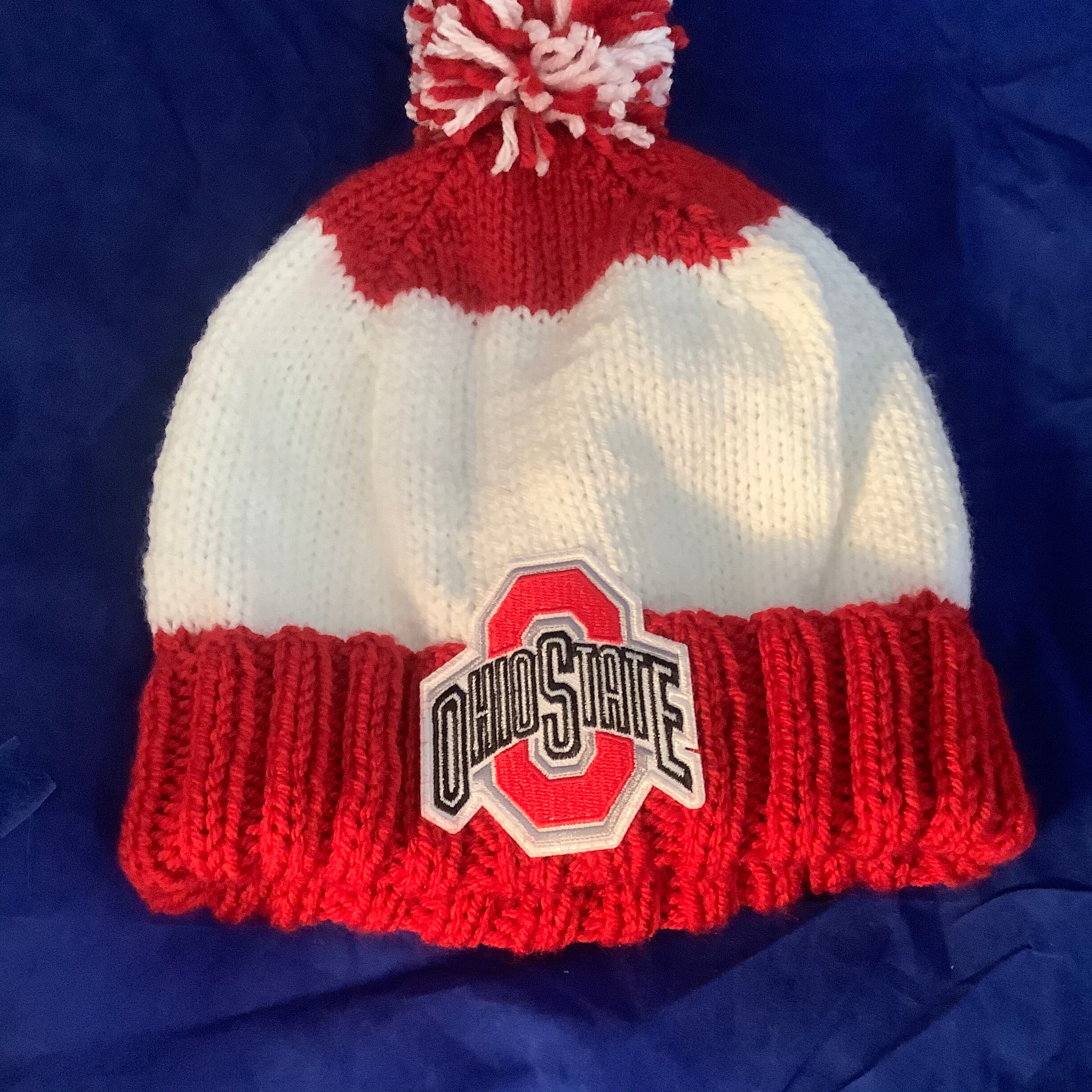 Hand Knit Red and White Ohio State Hat 