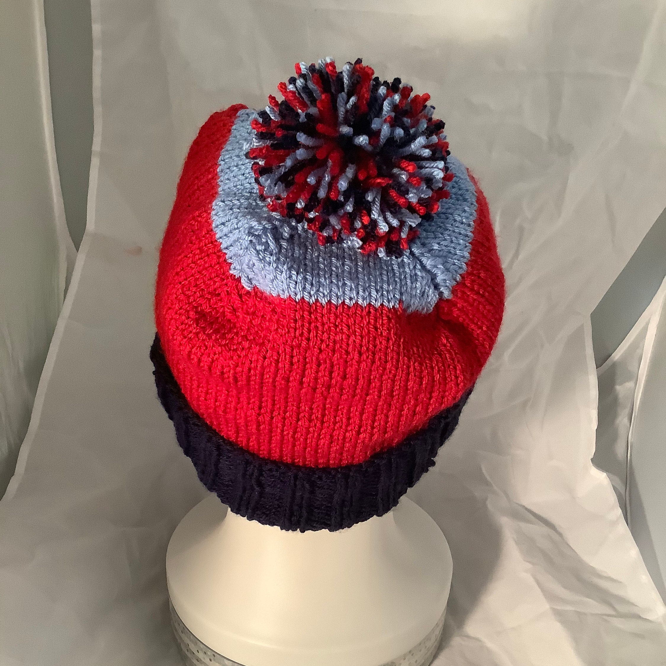 Hand Knit Navy Blue Red and Medium Blue 