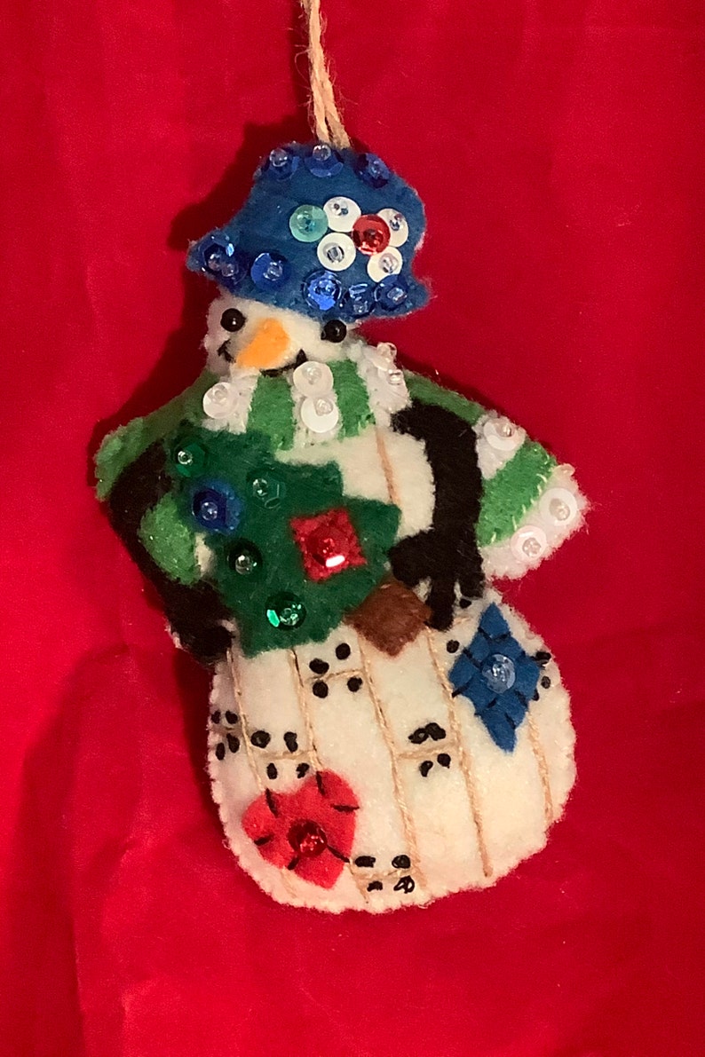 Hand Stitched Country Snowman Holding Tree Ornament
