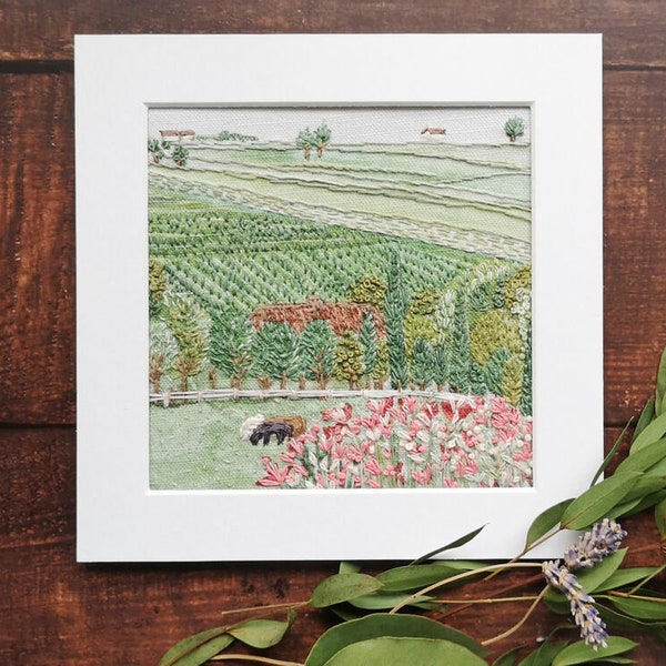 The Vineyard Linen Hand Embroidery Pattern, Landscape embroidery pattern, countryside embroidery, needlework design,  needlepoint panel