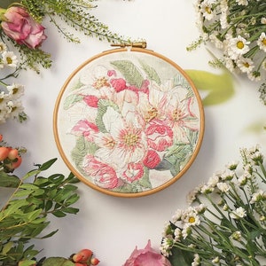 Embroidery pattern, Blossom needlework design on linen, Floral embroidery pattern