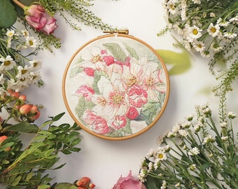 Embroidery pattern, Blossom needlework design on linen, Floral embroidery pattern