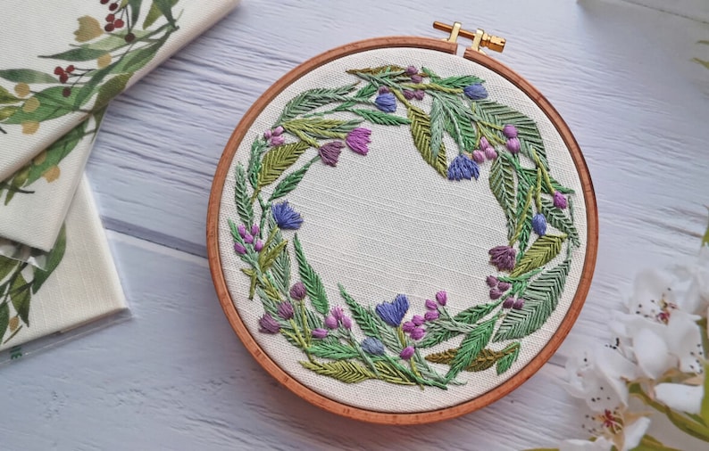 Christmas Embroidery. Floral Wreath embroidery Pattern. Pre Printed Fabric Panel. Sewing Pattern. hand embroidery pattern image 2