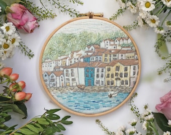 Embroidery pattern, Harbour view hand embroidery design printed on fabric