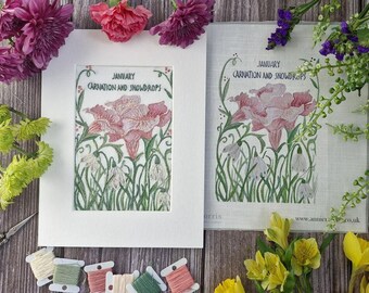 January Carnation and Snowdrops Embroidery Pattern | Printed Fabric Panel | Hoop Art | DIY Needlework