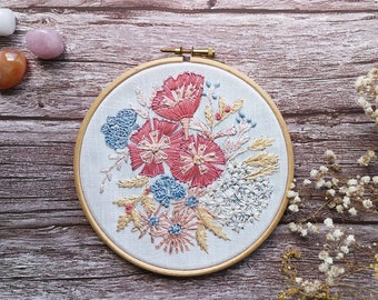 Peony bouquet embroidery Pattern, Hand embroidery kit, needlework design, Machine embroidery pattern, Needlepoint kit, Modern embroidery