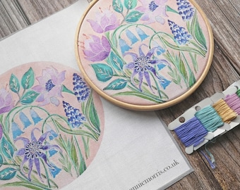 Bluebells Pre Printed Fabric Panel, flower embroidery, linen needlework design, Floral Hand embroidery, beginner embroidery, Crewel pattern