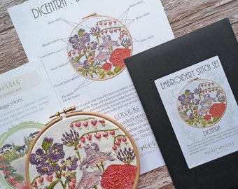 Dicentra (bleeding hearts) Embrodiery pattern with instructions, Floral Needlework Pattern, Botanical Crewel Pattern, Hand Embroidery kit