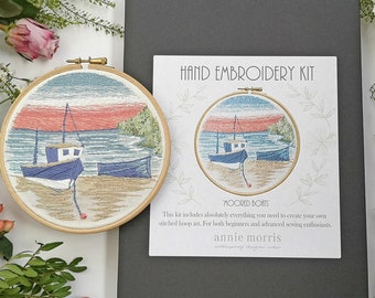 Embroidery kit, Moored boats coastal design, nautical embroidery pattern, boats craft kit, sailing embroidery design