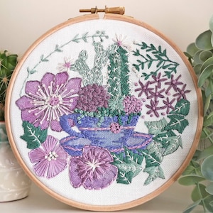 Tea and succulents floral Embroidery PDF Pattern