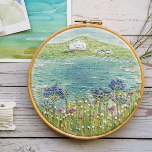 Coastal Embroidery Pattern - Seaside & Burgh Island Hotel Needlework Design, Hand Embroidery Needlepoint Panel